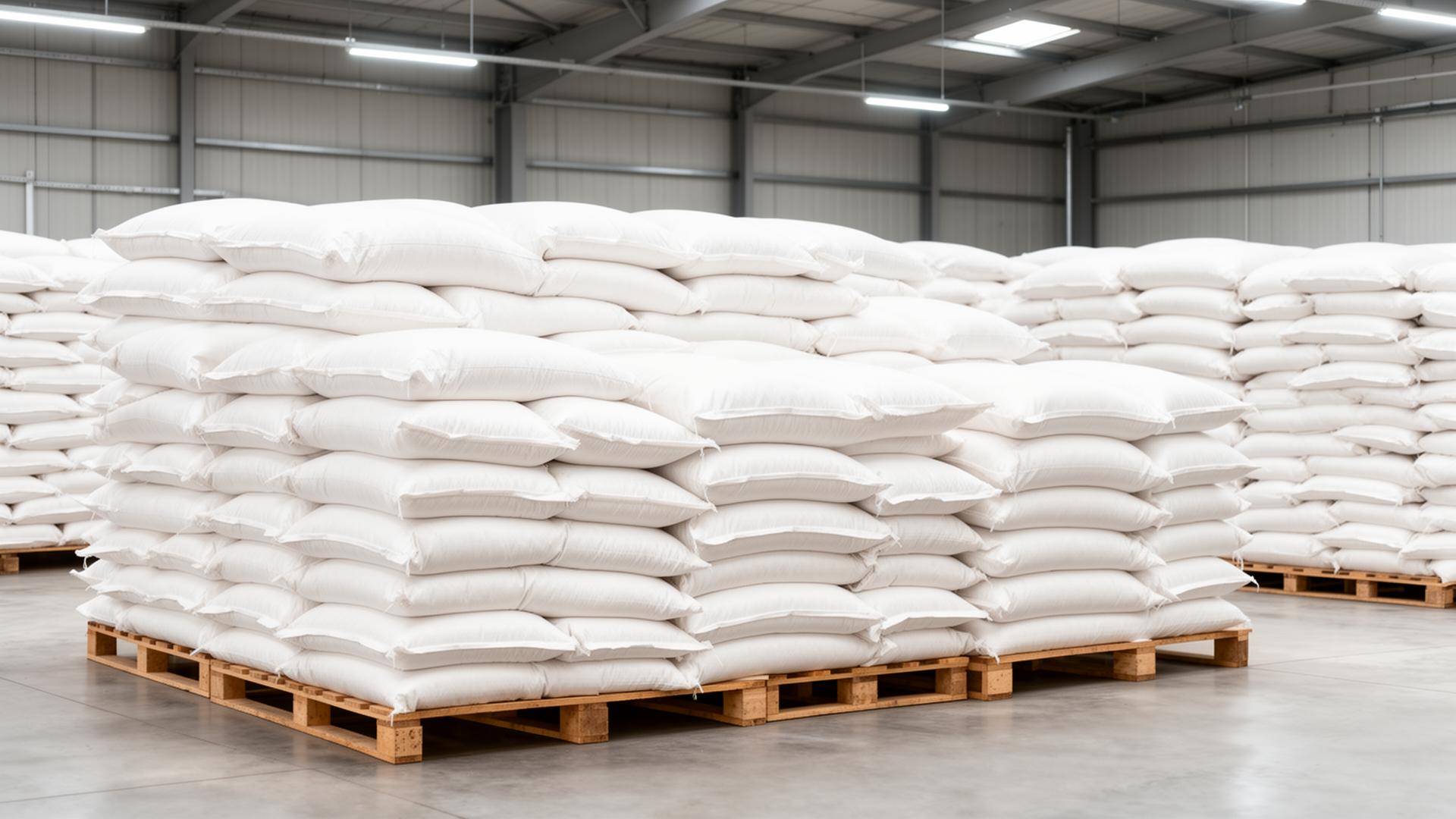 Stacked unbranded white flour bags ready for private label customization